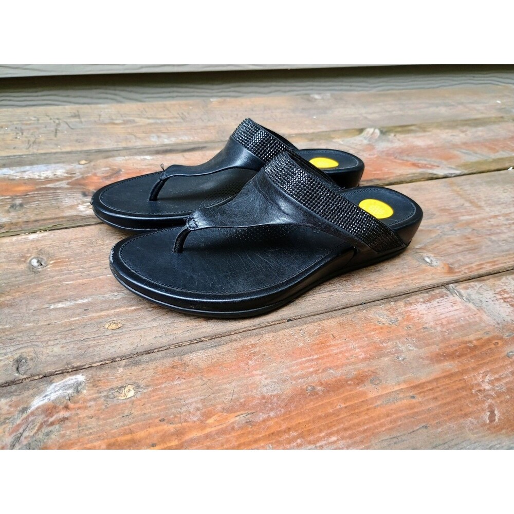 Fit flop Banda Micro-Crystal Toe Post Black Leather Thong Sandal EU 36 US 5
